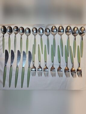 Vintage CASTLE Stainless Steel Flatware Jade Green Handles Japan MCM